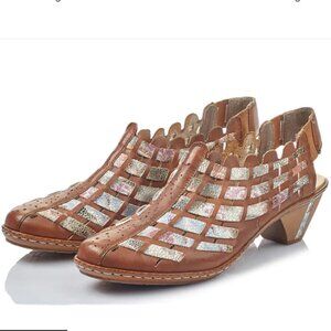 NEW RIEKER Leather Sina 78 Comfort Weave Heeled Shooties in brown multi 0126 4t2